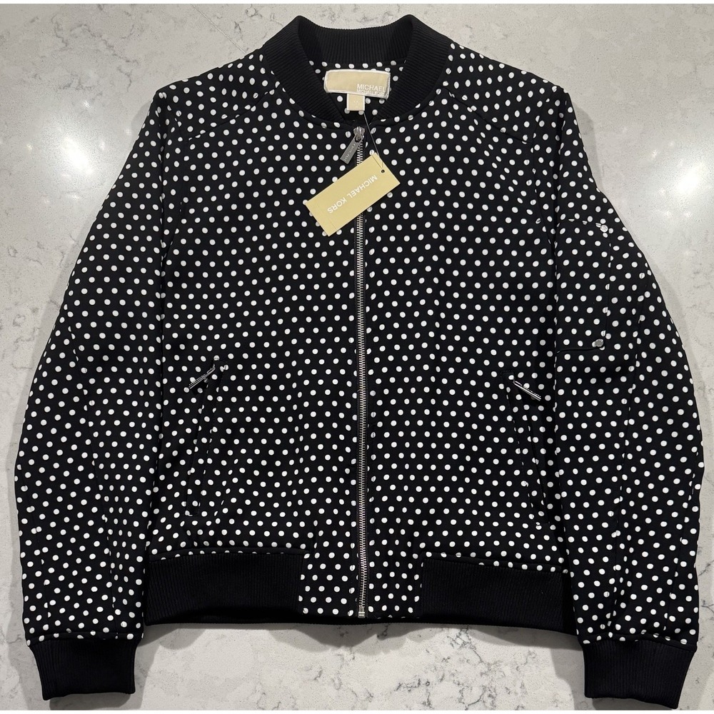 NWT MICHAEL Michael Kors‎ Bomber Jacket Womens Medium Black White Polka Dot
